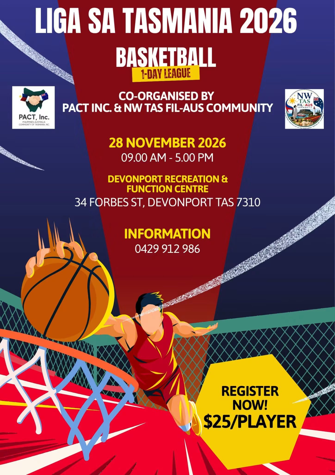 Liga sa Tasmania 2026 one-day basketball league poster